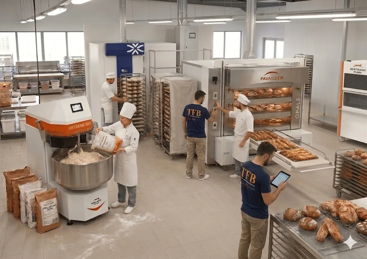 French bakery workflow — Pavailler oven, CFI mixer, Bertrand Puma UAE